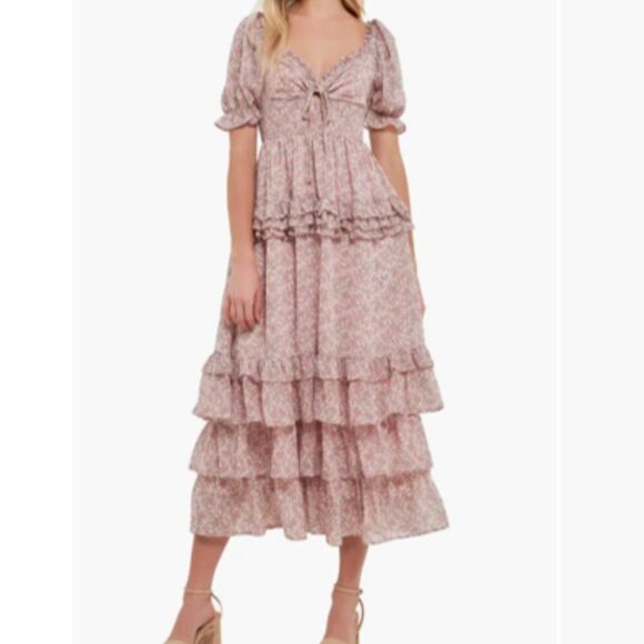 Free the Roses Pink Ruffle Smocked Tiered Maxi Dress Fairycore CottageCore M - Picture 1 of 14